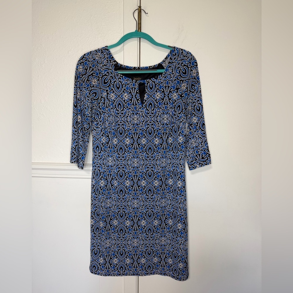 Laundry By Shelli Segal Blue and Black Long-Sleeve Patterned Dress XS